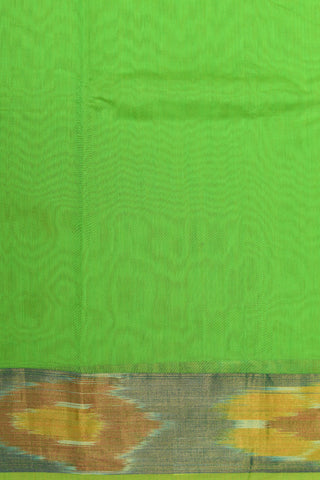 Ikat Design Zari Border In Plain Parrot Green Kora Silk Cotton Saree