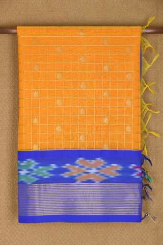Ikat Design Zari Border With Checks And Buttas Mango Yellow Kora Silk Cotton Saree