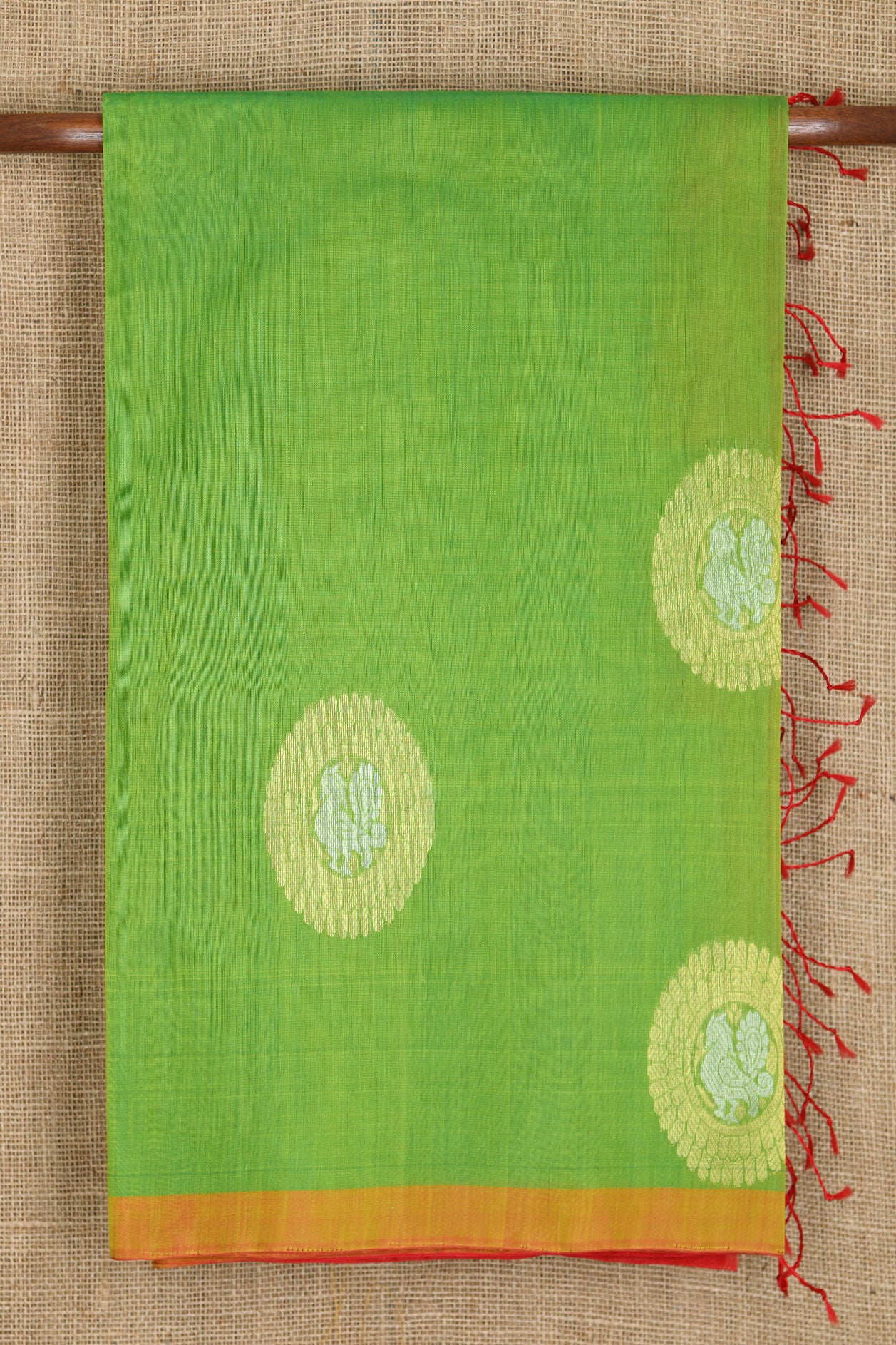 One Inch Border With Mandala Motif Parrot Green Kora Silk Cotton Saree