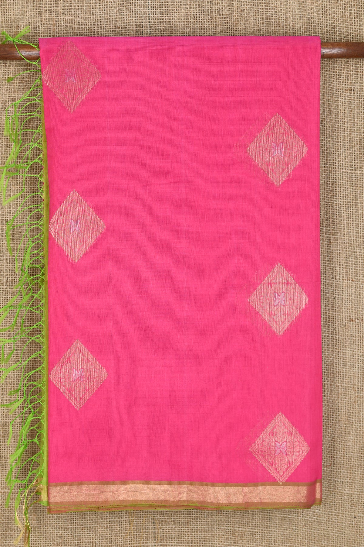 One Inch Zari Border With Square Floral Butta Hot Pink Kora Silk Cotton Saree