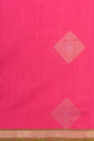 One Inch Zari Border With Square Floral Butta Hot Pink Kora Silk Cotton Saree