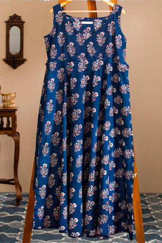 Indigo Blue Printed Cotton Sleeveless Dress With Tie-Up