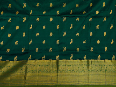 Iruthalai Pakshi Border With Animal Butta Forest Green Kanchipuram Silk Unstitched Pavadai Sattai Material