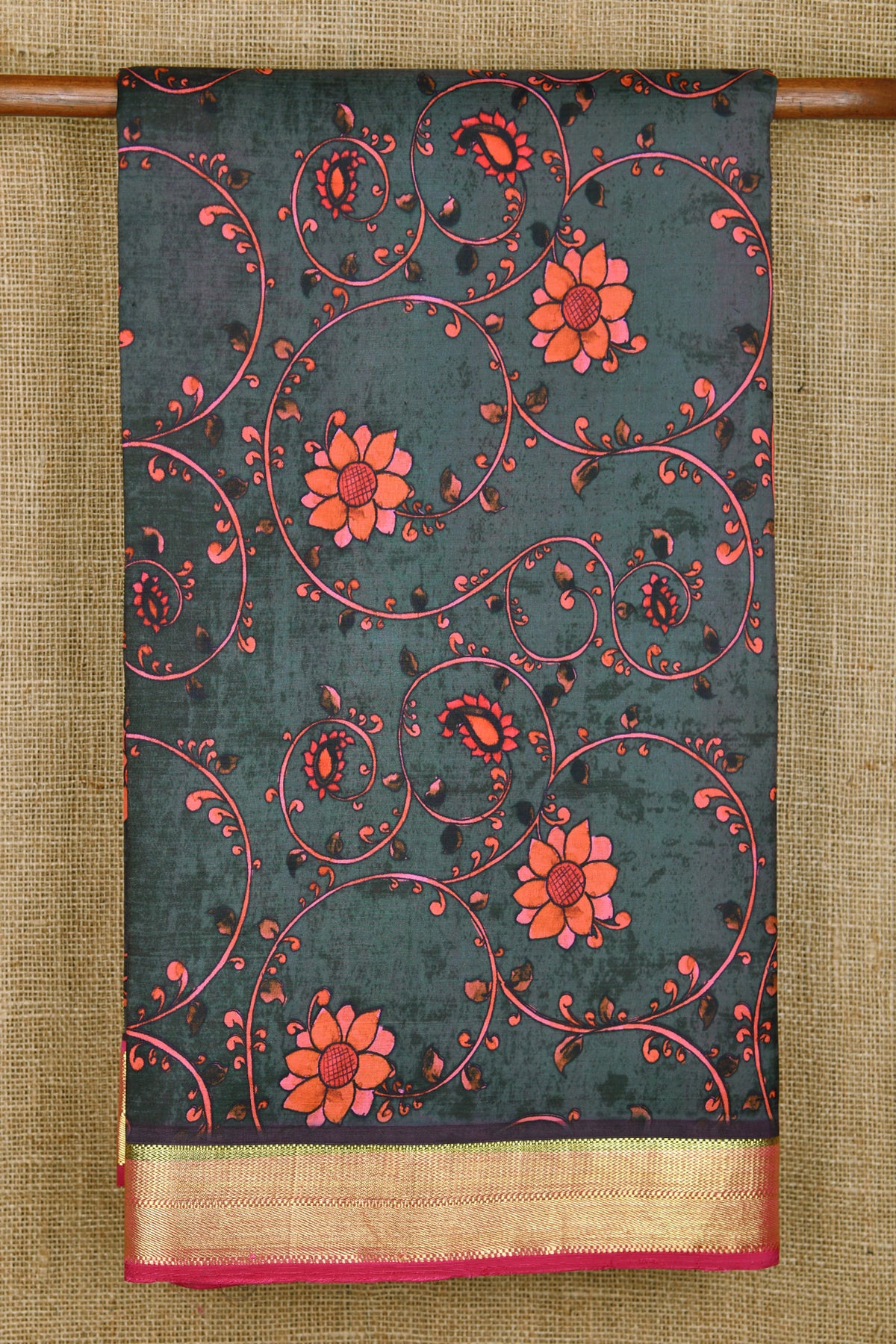 Jangla Pattern Charcoal Grey Printed Kanchipuram Silk Saree