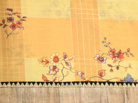 Jute Border With Floral Digital Print Yellow Unstitched Satin Salwar Material