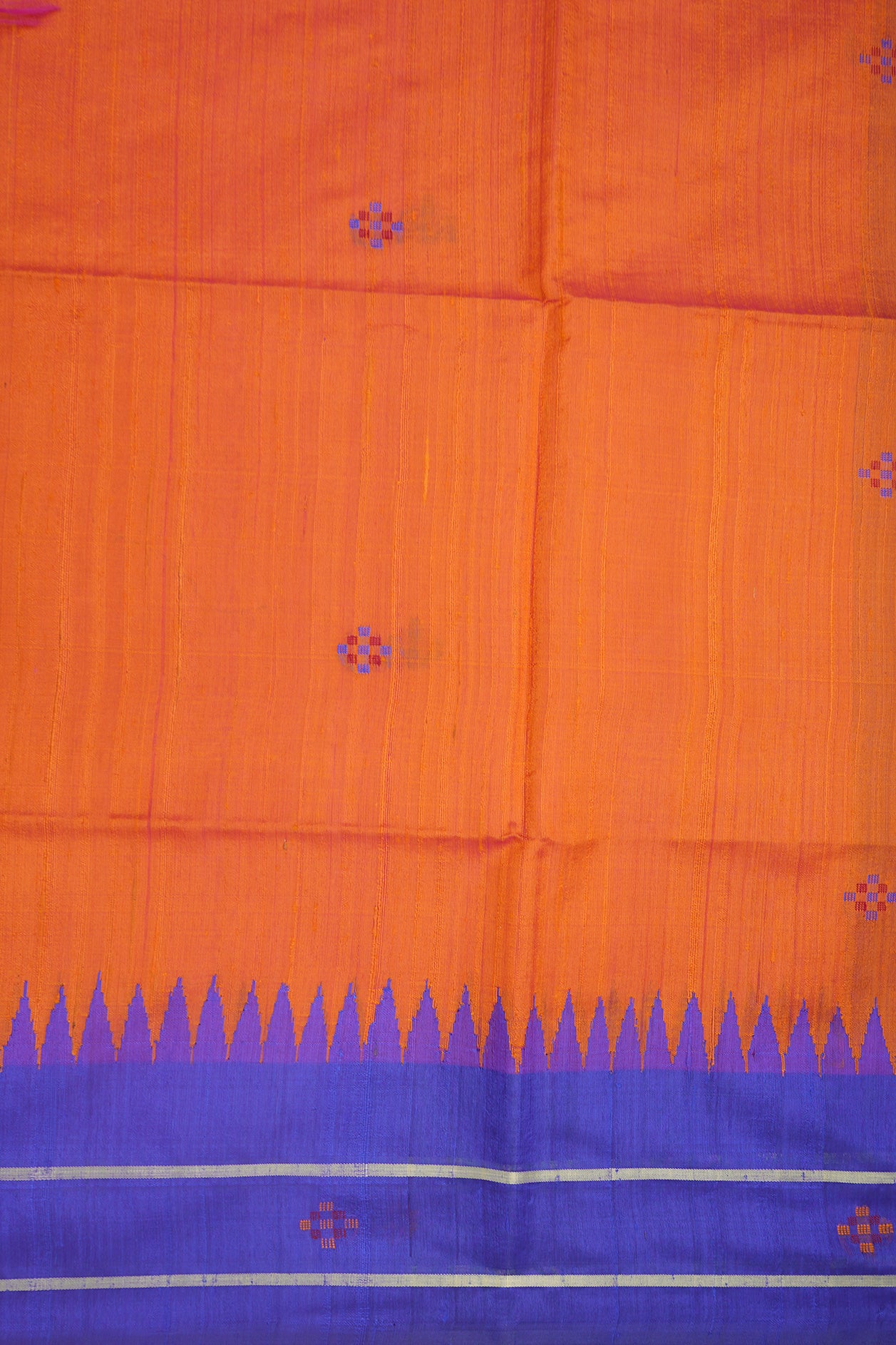 Contrast Temple Design and Zari Border Bright Orange Jute Silk Saree