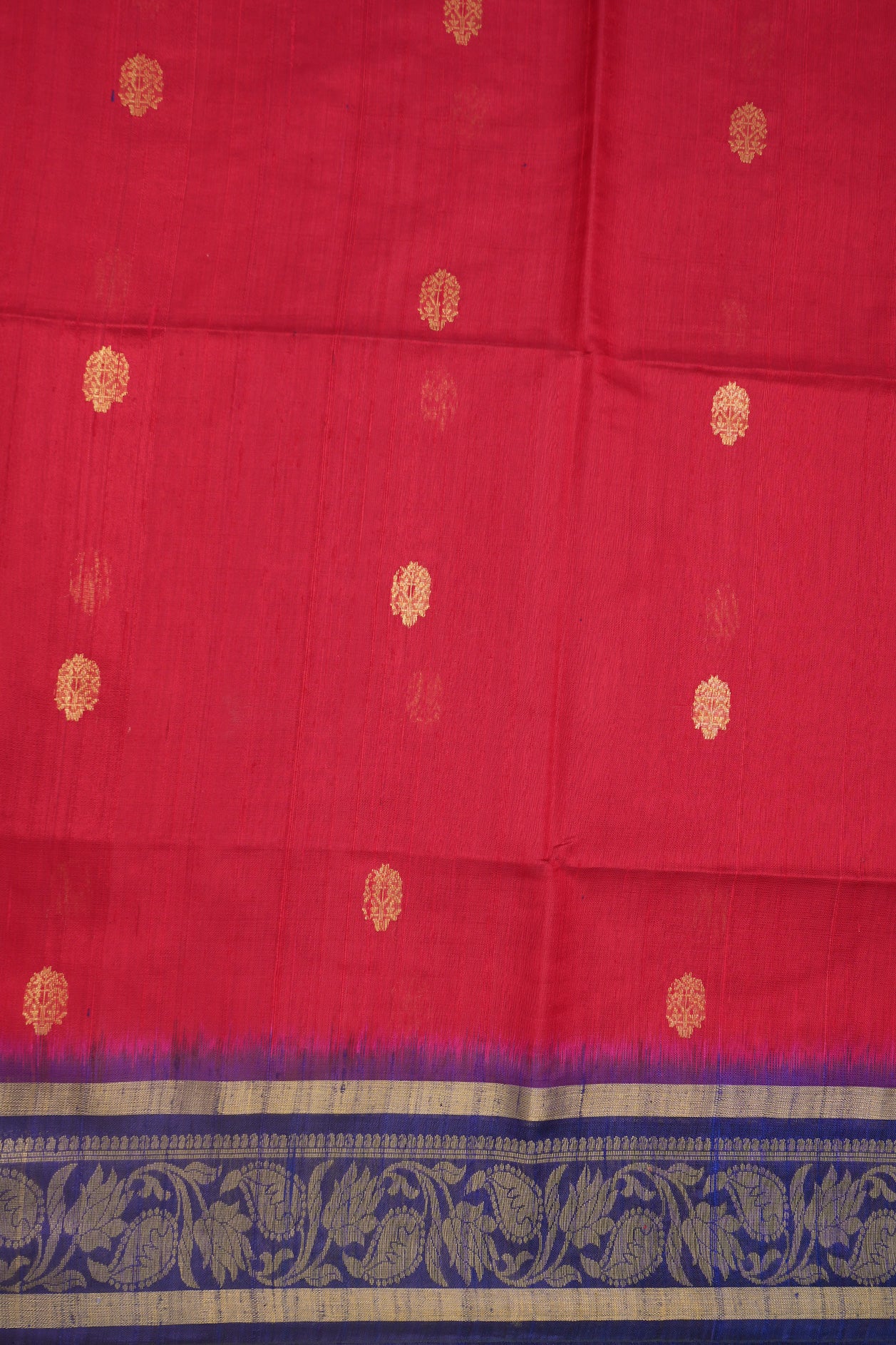 Floral And Leaf Zari Contrast Border With Allover Buttis Ruby Red Jute Silk Saree