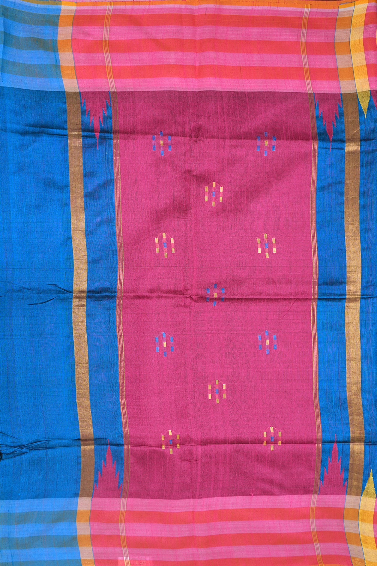 Multicolor Border With Threadwork Buttis Peacock Blue Jute Silk Saree