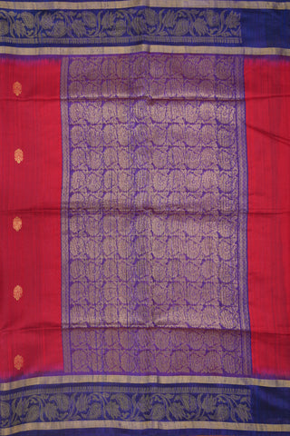 Floral And Leaf Zari Contrast Border With Allover Buttis Ruby Red Jute Silk Saree