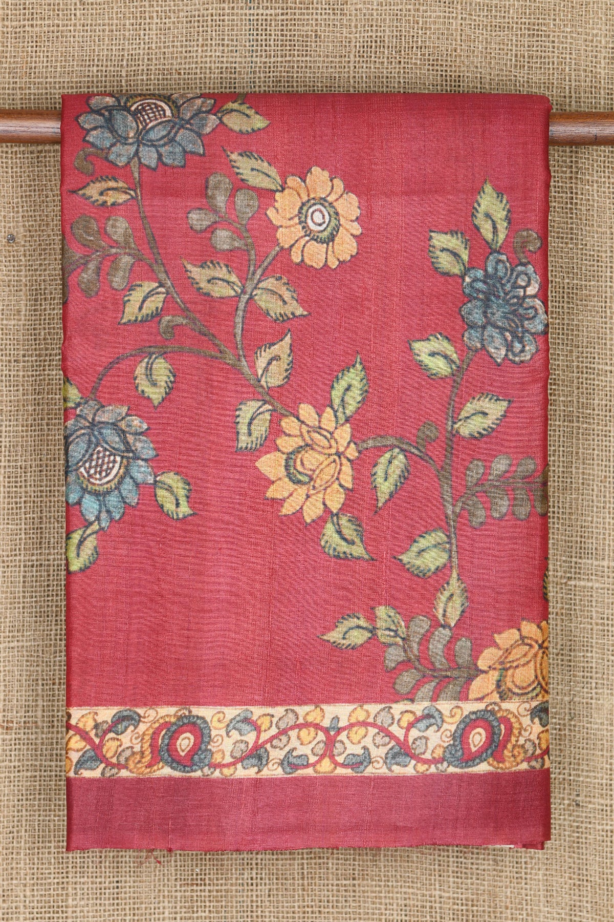 Floral Kalamkari Digital Printed Blush Red Tussar Silk Saree