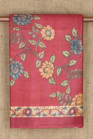 Floral Kalamkari Digital Printed Blush Red Tussar Silk Saree