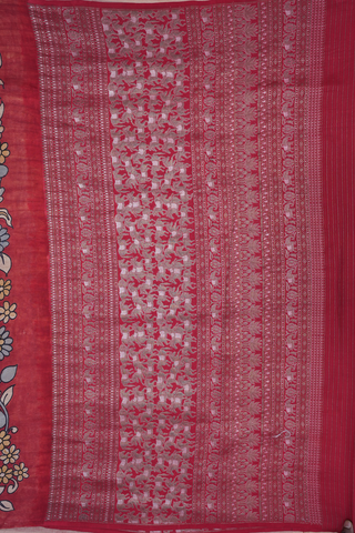Kalamkari Hand Painted Ruby Red Kanchipuram Silk Saree