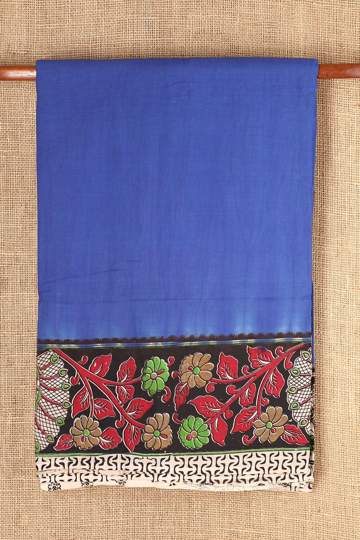 Kalamkari Printed Border In Plain Azure Blue Cotton Saree