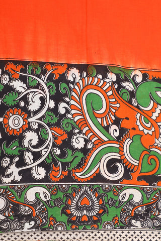Kalamkari Printed Border In Plain Bright Orange Cotton Saree