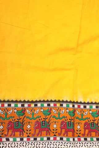 Kalamkari Printed Border In Plain Melon Yellow Cotton Saree