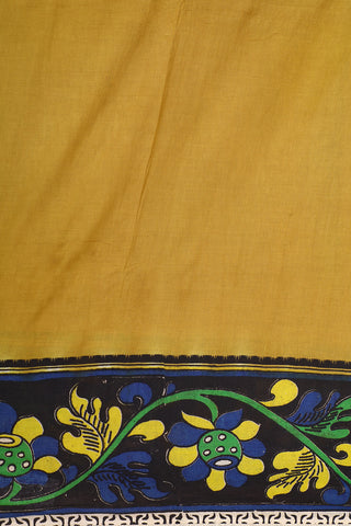Kalamkari Printed Border In Plain Mustard Cotton Saree