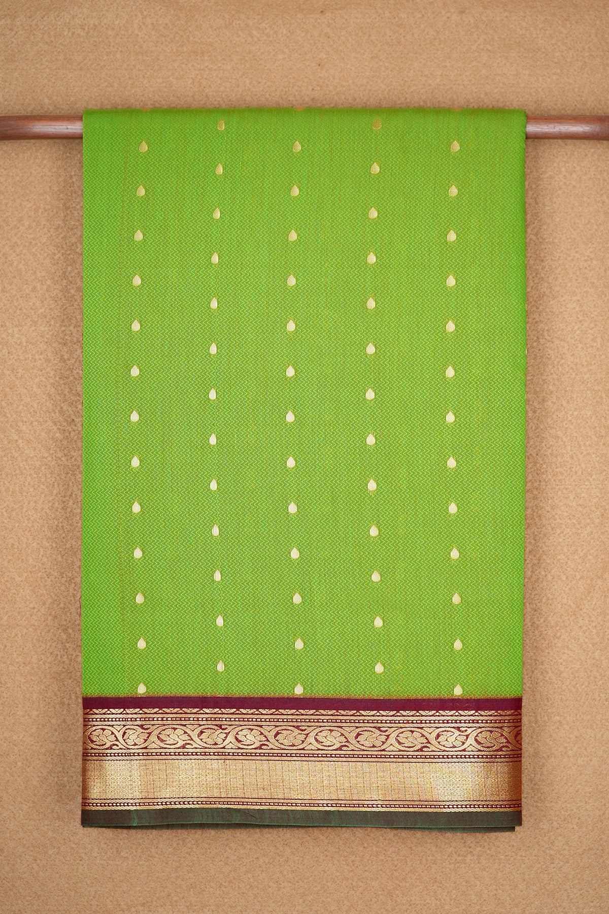 Allover Gold Zari Small Thilagam Buttis Lime Green Kalyani Cotton Saree