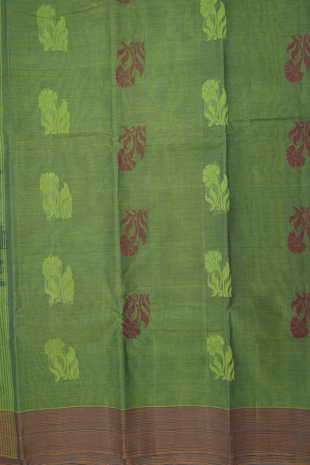 Floral Threadwork Motifs Fern Green Kanchi Cotton Saree