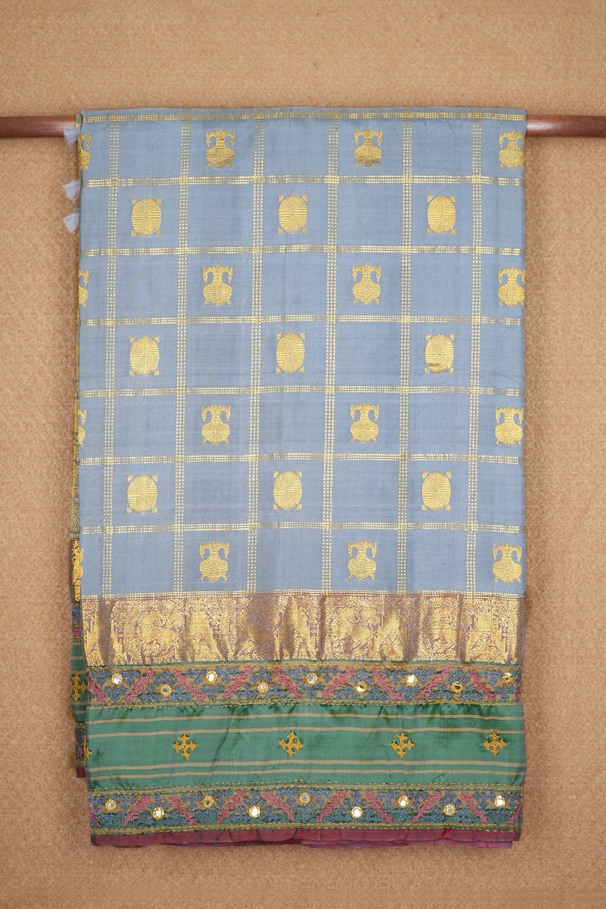 Kantha Embroidery Steel Blue Kanchipuram Silk Saree