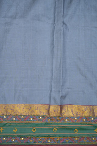 Kantha Embroidery Steel Blue Kanchipuram Silk Saree