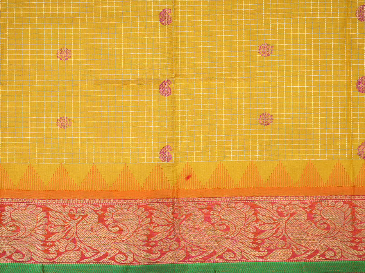 Contrast Peacock Zari Border Silver Zari Checks Yellow Kanchipuram Silk Pavadai Material