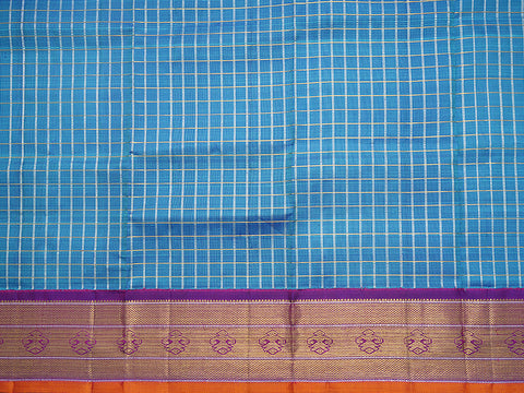 Kuyil Kann Zari Border Gold And Silver Zari Checked Cobalt Blue Kanchipuram Silk Pavadai Material