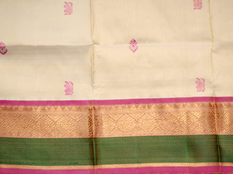 Floral And Temple Zari Border Beige Kanchipuram Silk Pavadai Material