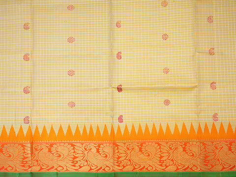 Contrast Peacock Zari Border With Paisly Butta Corn Yellow Kanchipuram Silk Pavadai Material