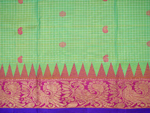 Paisely And Butta Design Contrast Peacock Zari Border Fern Green Kanchipuram Silk Pavadai Material