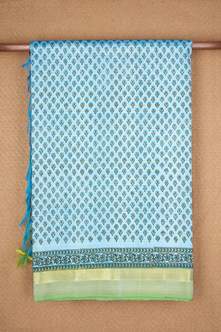 Hand Block Floral Printed With Zari Border Light Sky Blue Kanchipuram Silk Saree