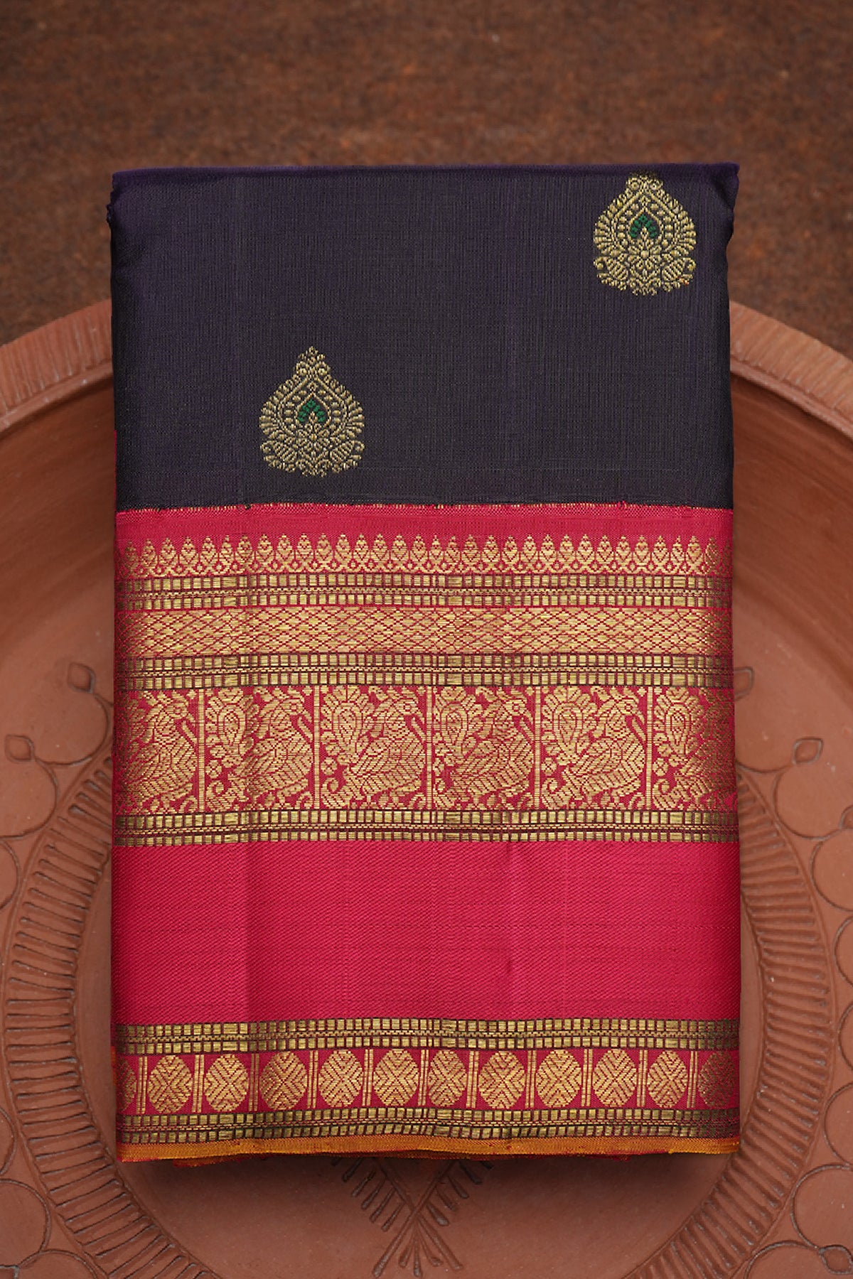 Meenakari Floral Motifs Deep Purple Kanchipuram Silk Saree