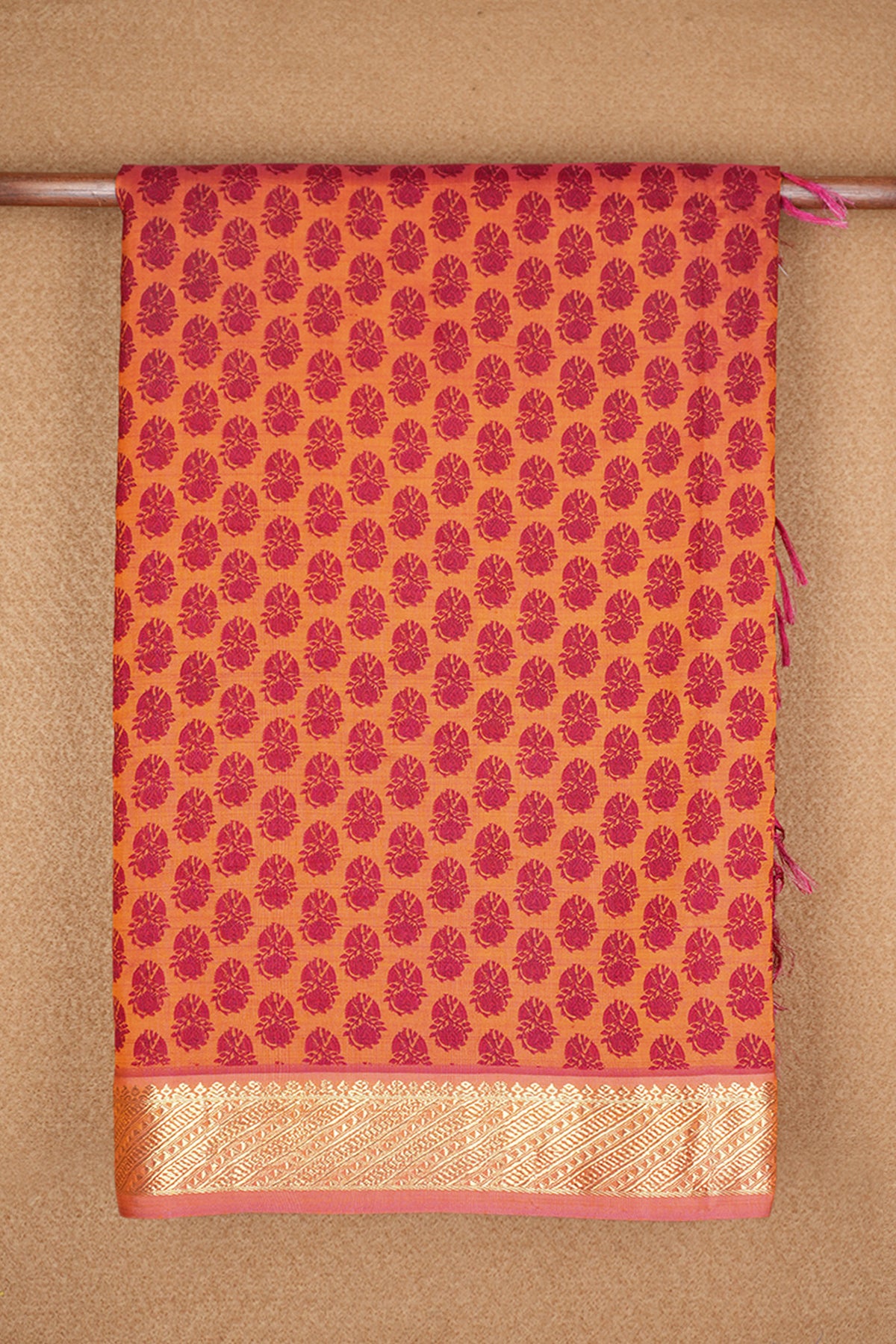 Hand Block Floral Printed With Zari Border Bright Orange Kanchipuram Silk Saree
