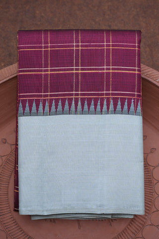 Gold and Silver Zari Checked With Contrast Temple Border Berry Purple Kanchipuram Handloom Silk Saree