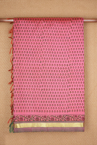 Hand Block Floral Printed With Bavanchi Border Pink Kanchipuram Silk Saree