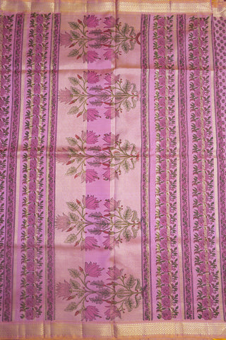 Hand Block Floral Printed With Arai Madam Zari Border Mulberry Kanchipuram Silk Saree