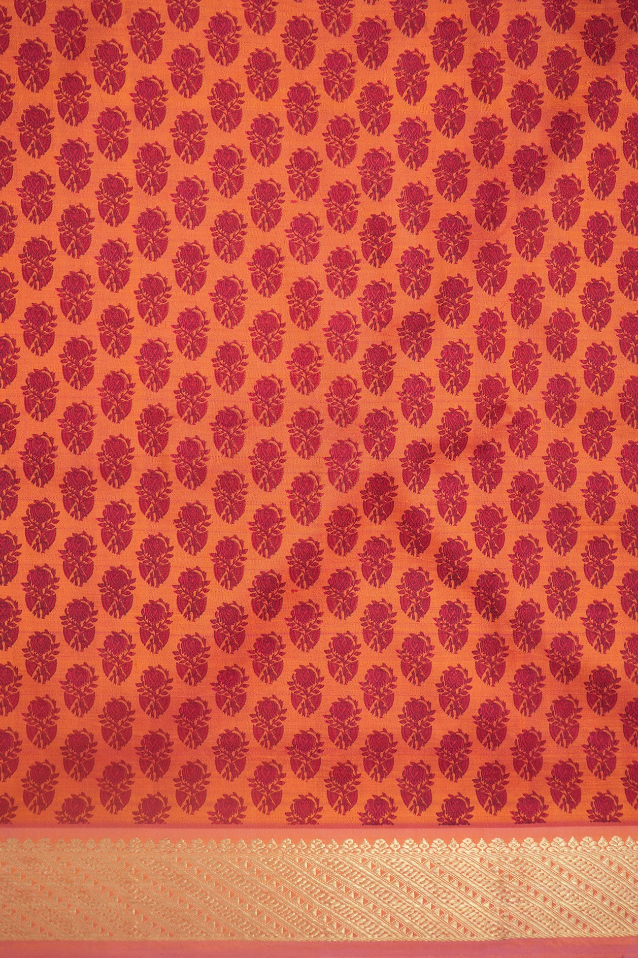 Hand Block Floral Printed With Zari Border Bright Orange Kanchipuram Silk Saree