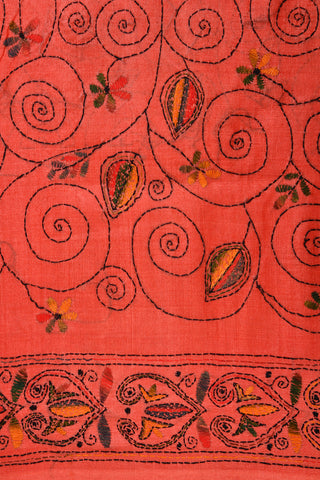 Kantha Embroidered Work Floral Design Dark Peach Pink Tussar Saree
