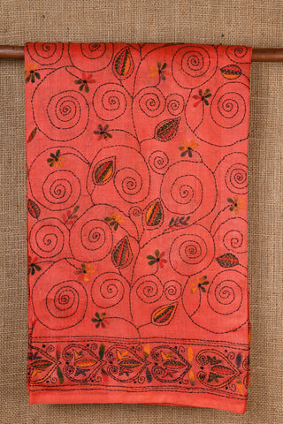 Kantha Embroidered Work Floral Design Dark Peach Pink Tussar Saree
