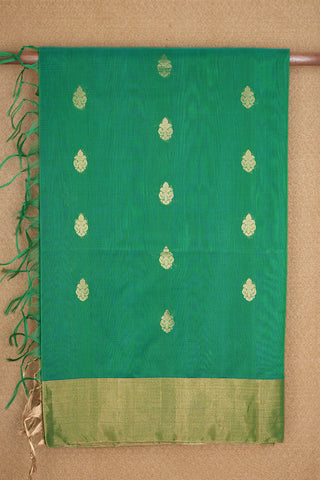 Floral Zari Motifs Bavanchi Border Green Kora Silk Cotton Saree