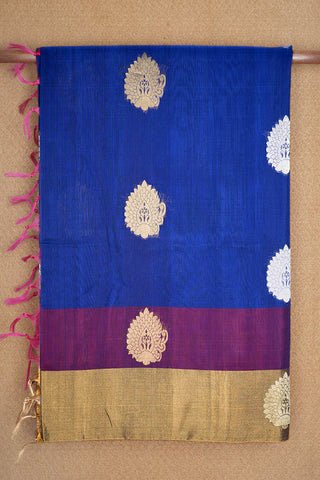 Floral Zari Motifs Bavanchi Border Royal Blue Kora Silk Cotton Saree