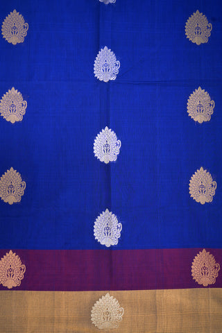 Floral Zari Motifs Bavanchi Border Royal Blue Kora Silk Cotton Saree
