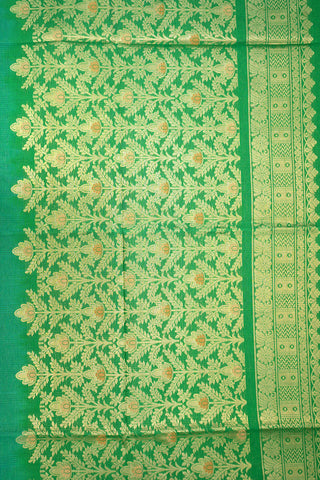 Floral Zari Motifs Bavanchi Border Green Kora Silk Cotton Saree