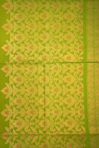 Floral Zari Motifs Bavanchi Border Parrot Green Kora Silk Cotton Saree