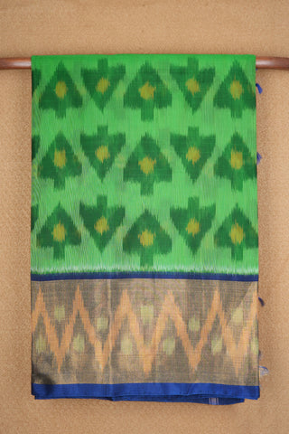 Zig Zag Zari Border Green Pochampally Kora Silk Cotton Saree