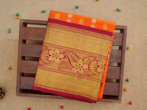 Korvai Border With Paisley And Floral Buttas Bright Orange Silk Pavadai Sattai Material