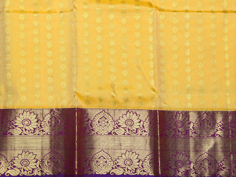 Korvai Floral Border With Bindi Butti Soft Yellow Kanchipuram Silk Unstitched Pavadai Sattai Material