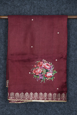 Gota Embroidered Border With Applique Work Maroon Tussar Silk Saree