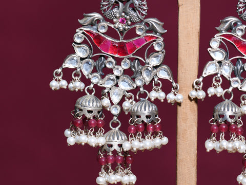 Red Kemp And White Pearl Stone Pure Silver Jhumkas