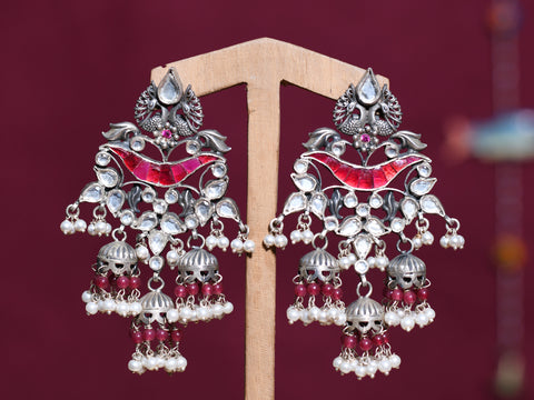 Red Kemp And White Pearl Stone Pure Silver Jhumkas