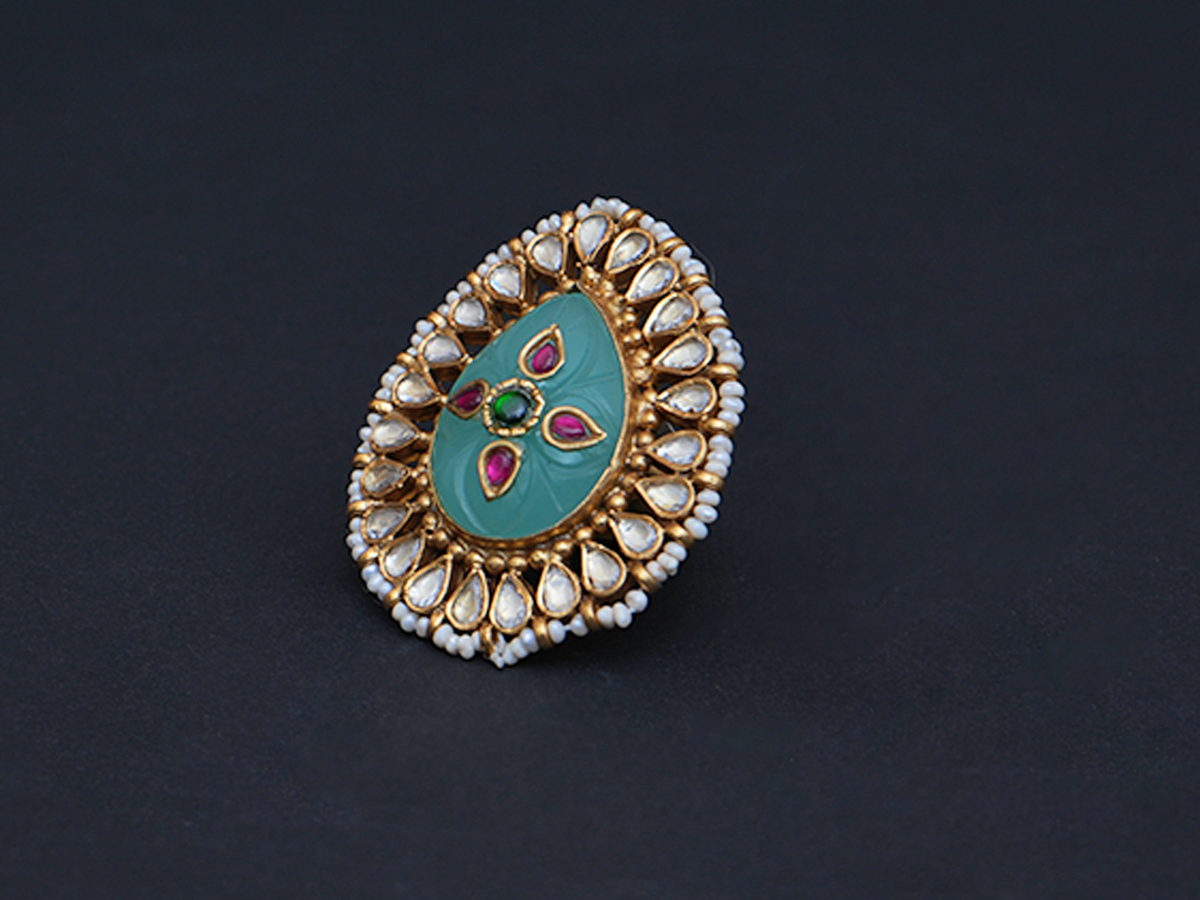Kundan Stones And Enamel Work Gold Plated Pure Silver Statement Ring
